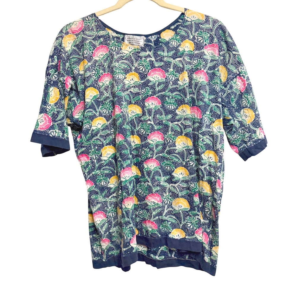 Handloom Batiks Floral Print Cotton Tee Navy Blue Short Sleeve Top Size 42